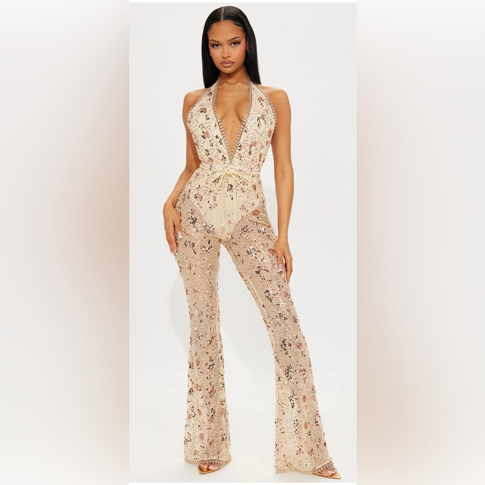 Fashion Nova Gold Taboo Sequin Jumpsuit – Size Large